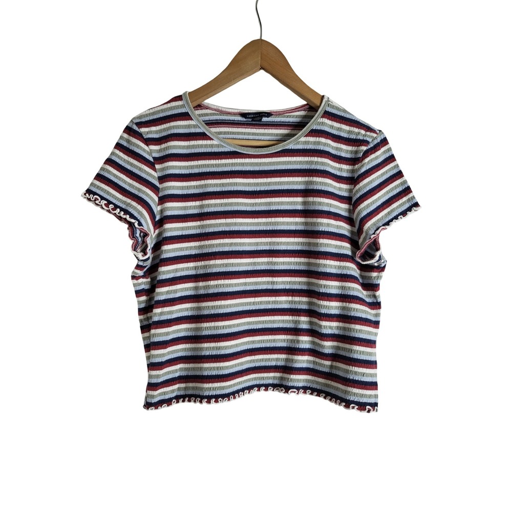 American Eagle Striped Lettuce Edge Baby Tee Short Sleeve Top L
Late 90s